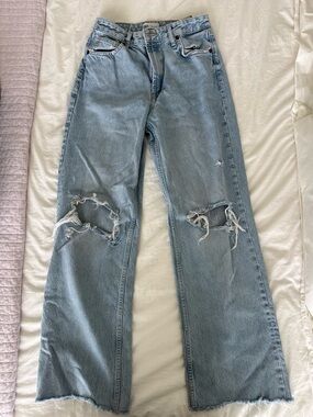 Zara Light Blue Distressed Wide-Leg Jeans
